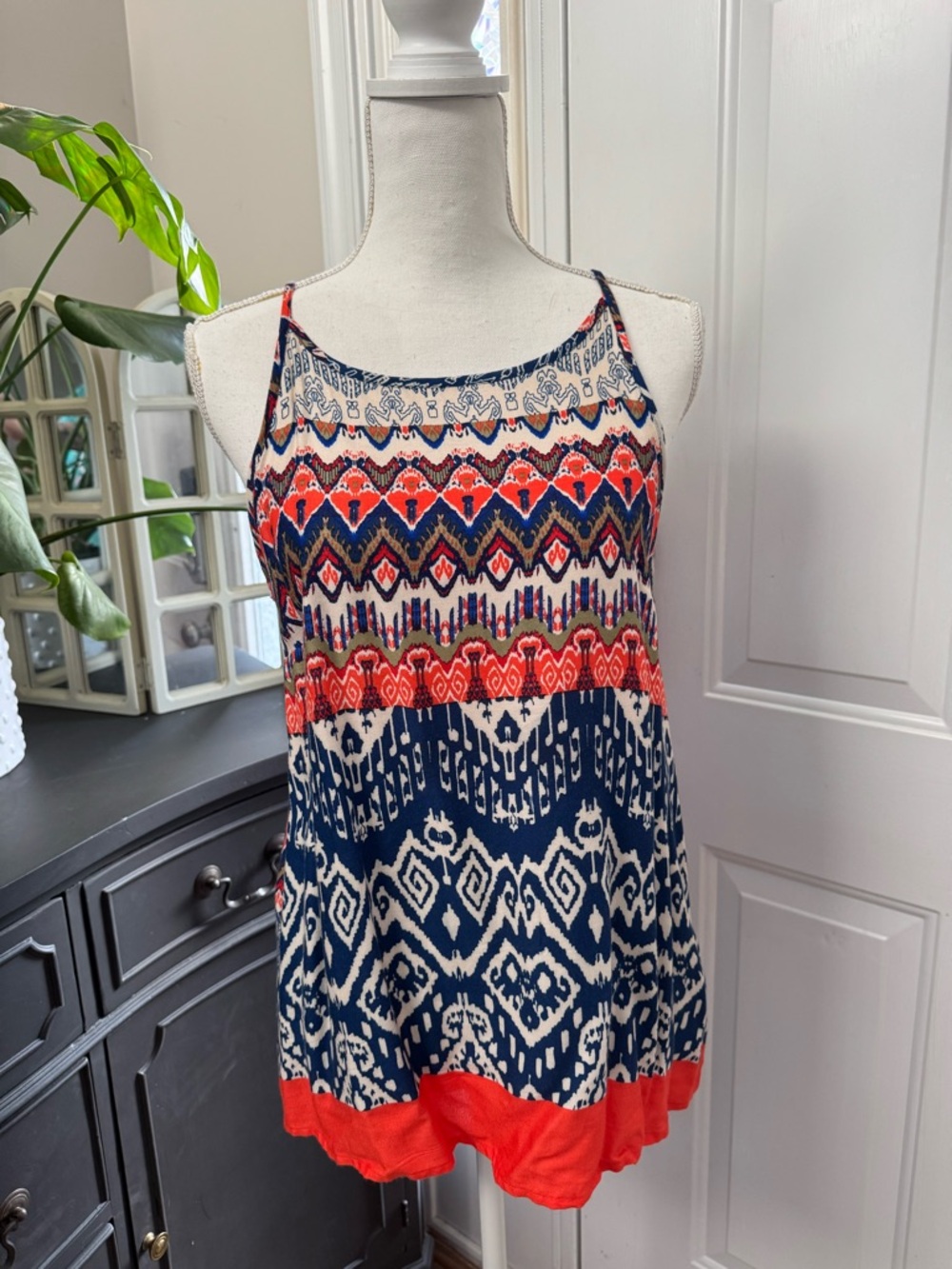 Renee C. Blue, Coral & Cream Print Top M